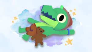 Lil Gator from 'Lil Gator Game' lays down with teddy bear in foreground. Background shows hand-drawn stars and dreamy watercolor elements.