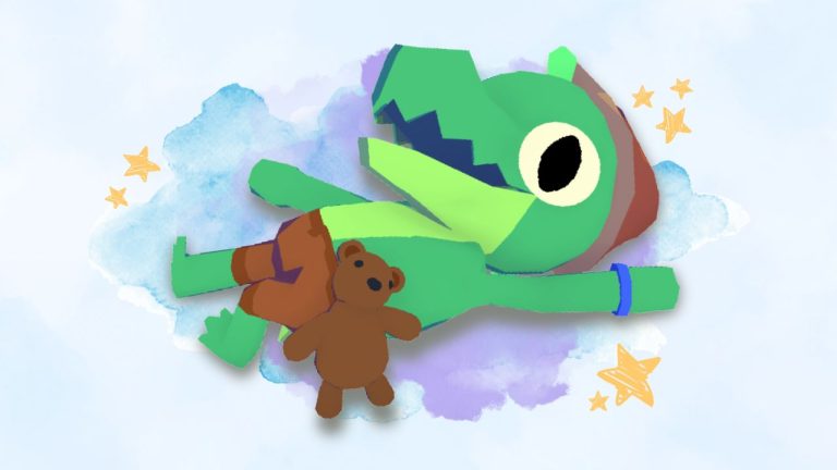 Lil gator game sleepy feature | Outrun Gaming | Outrun Gaming Lil Gator from 'Lil Gator Game' lays down with teddy bear in foreground. Background shows hand-drawn stars and dreamy watercolor elements. | Outrun Gaming | Outrun Gaming