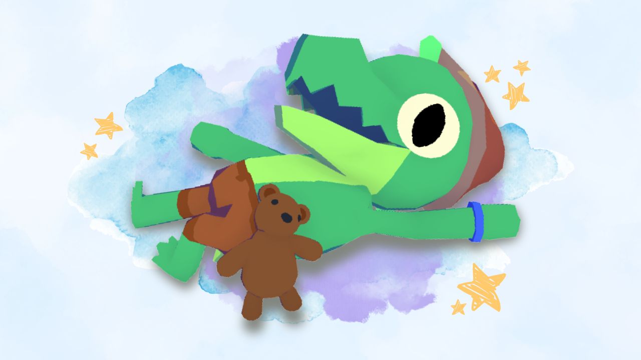 Lil Gator from 'Lil Gator Game' lays down with teddy bear in foreground. Background shows hand-drawn stars and dreamy watercolor elements.