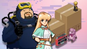 From L to R: Dave from 'Dave the Diver,' Celine from 'Fields of Mistria,' and cardboard boxes as seen in 'Unpacking'