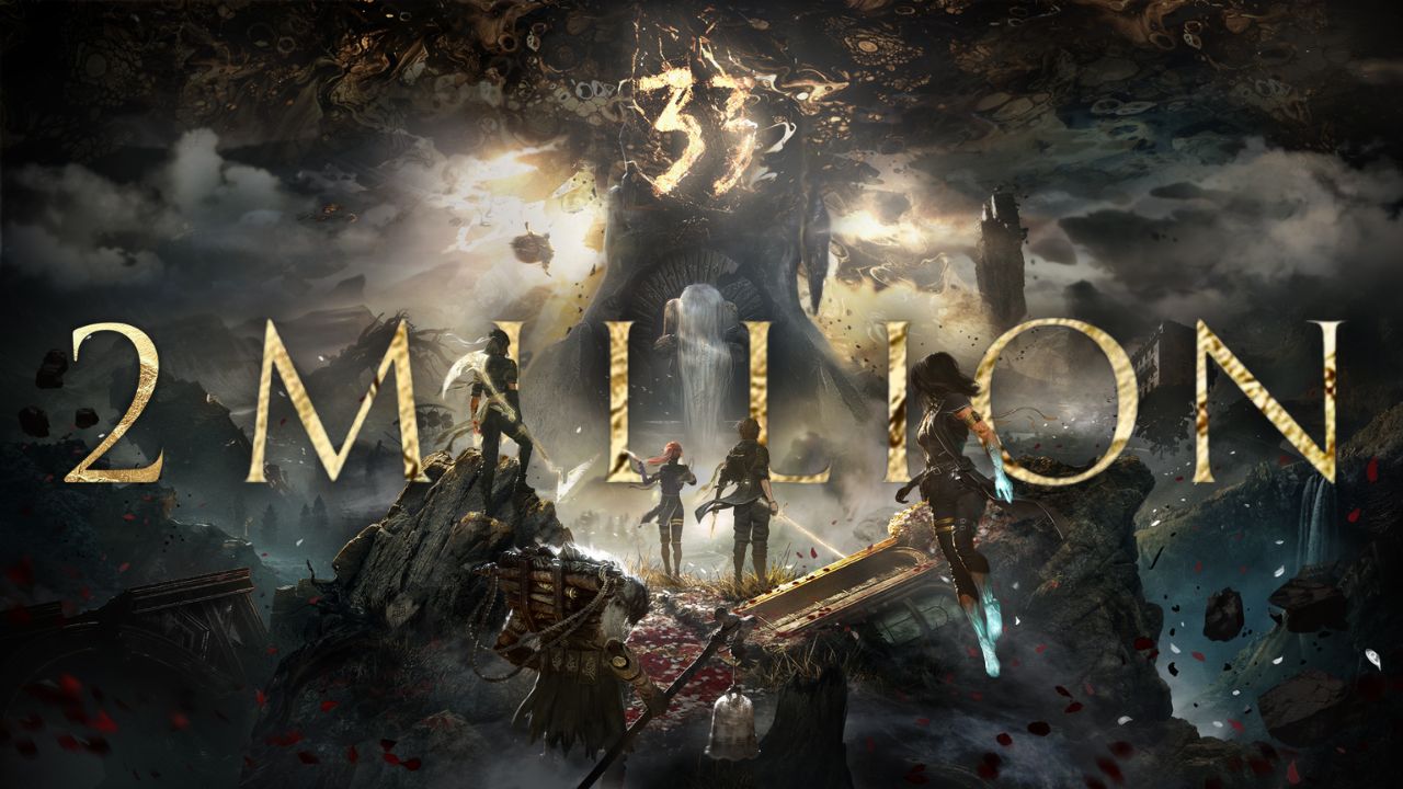 'Clair Obscur: Expedition 33' promo image with gold text reading '2 million' in middle.