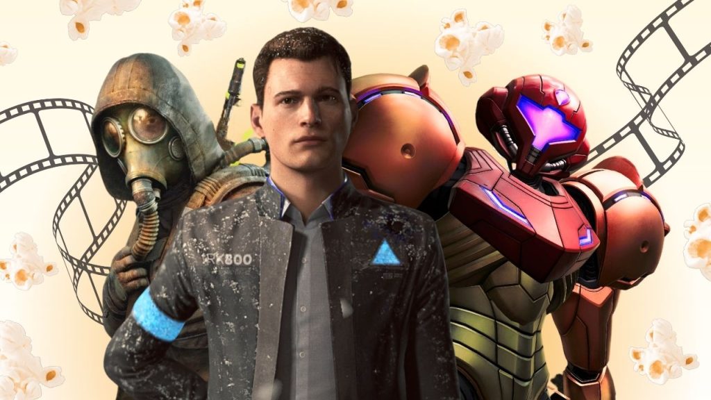 Gold background shows popped popcorn and film reels. In foreground (from L to R): "S.T.A.L.K.E.R. 2: Heart of Chornobyl" protagonist Skif, "Detroit: Become Human" protagonist Connor, and "Metroid" franchise star Samus Aran. | Outrun Gaming