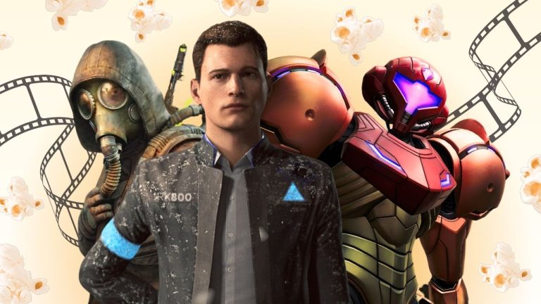 Gold background shows popped popcorn and film reels. In foreground (from L to R): "S.T.A.L.K.E.R. 2: Heart of Chornobyl" protagonist Skif, "Detroit: Become Human" protagonist Connor, and "Metroid" franchise star Samus Aran. | Outrun Gaming | Outrun Gaming