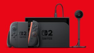 Promo image of Nintendo Switch 2 with console-exclusive GameChat camera.