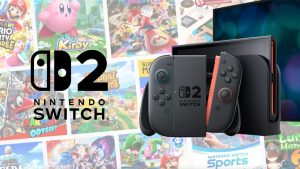 In foreground, Nintendo Switch 2 console with logo. In background, selection of Nintendo Switch games compatible with new hardware.