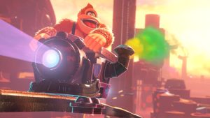 Promo image for 'Donkey Kong Bananza' shows Donkey Kong smiling, sitting inside mine cart.