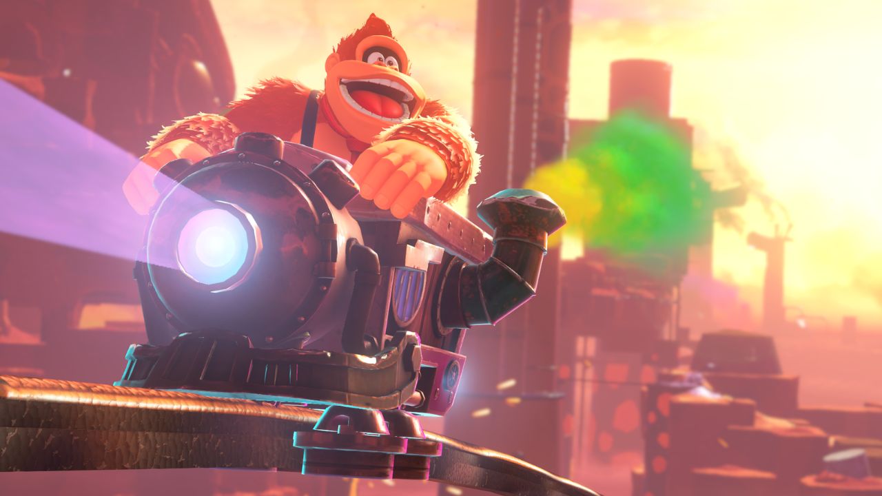 Promo image for 'Donkey Kong Bananza' shows Donkey Kong smiling, sitting inside mine cart.