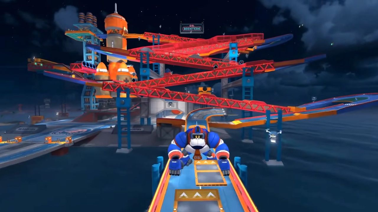 Aerial view of 'DK Spaceport,' inspired by retro 'Donkey Kong' stage '25m'