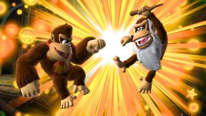 Donkey Kong and Cranky Kong fist-bumping in 'Donkey Kong Country: Tropical Freeze' (2014)