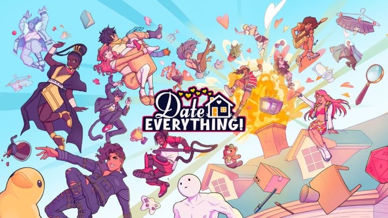 Key art shows exterior view of in-game house, with several dateables bursting from the chimney. The 'Date Everything!' logo sits center-foreground. | Outrun Gaming | Outrun Gaming