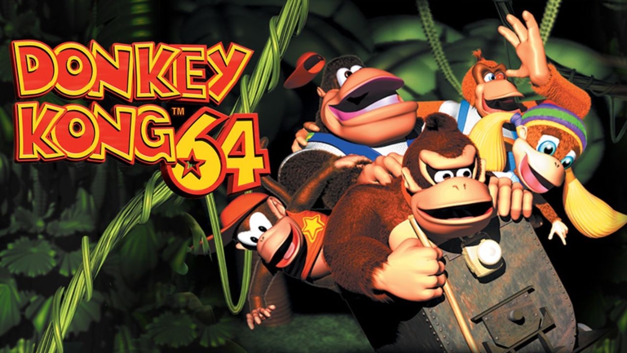 'Donkey Kong 64' key art shows all five playable Kongs sitting inside the iconic mine cart.