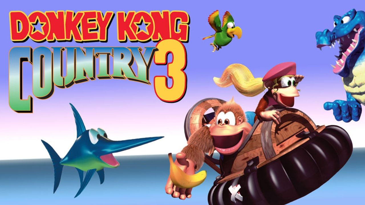 Key art for 'Donkey Kong Country 3' shows Dixie and Kiddy aboard a hovercraft.