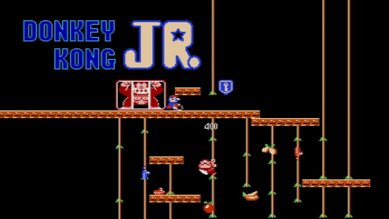 Key art for 'Donkey Kong Jr.' (1982) shows now-villain Mario guarding captive Donkey Kong. Below, DK Jr. rope-climbs to save DK Sr.