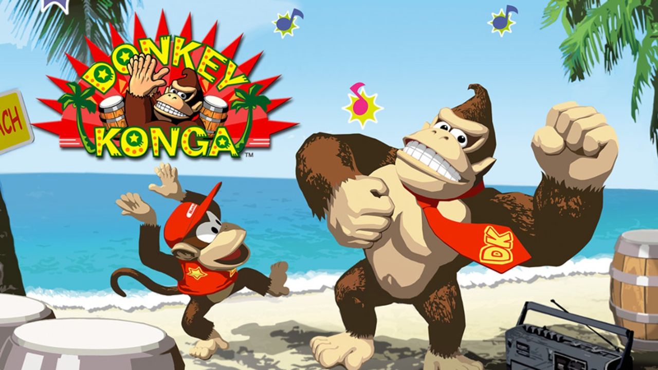 Key art for 'Donkey Konga' (2004) shows Diddy and Donkey dancing on the beach.