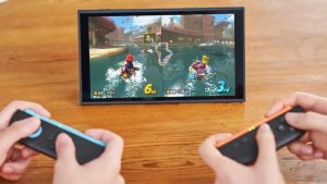 Two users playing 'Mario Kart World' on Nintendo Switch 2.