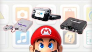 Mario peeks upward from bottom of frame. Nintendo consoles hover above his head.