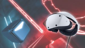 Vibrant 'Beat Saber' gameplay in background. White PS VR 2 headset shown in foreground.