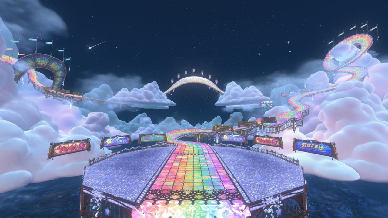 View of ethereal 'Rainbow Road' course in 'Mario Kart World'