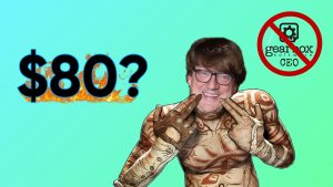 Gearbox CEO Randy Pitchford shown smiling. Text to his left reads, "$80?" To his right, the Gearbox logo within an interdictory circle.