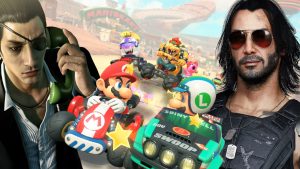 'Mario Kart World' racers Mario and Luigi centered in foreground. On left, 'Yakuza 0 Director's Cut' character Goro Majima. On right, 'Cyberpunk 2077' character Johnny Silverhand.
