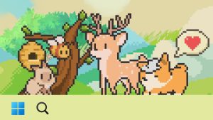 Pixelated critters congregate near desktop taskbar ('Tiny Pasture' )
