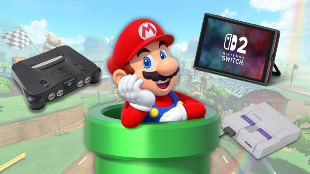 Mario shown center-foreground in warp pipe; N64, NS2, and SNES consoles surround him (© Nintendo) | Outrun Gaming