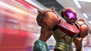 'Metroid' franchise protagonist Samus Araon shown foreground-right. In background, a photo of the "tube," or London Underground.