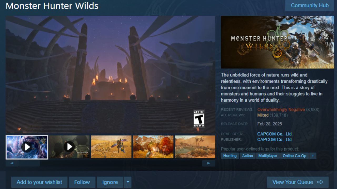 A screenshot of Steam's 'Monster Hunter Wilds' listing shows a sudden influx of bad reviews.