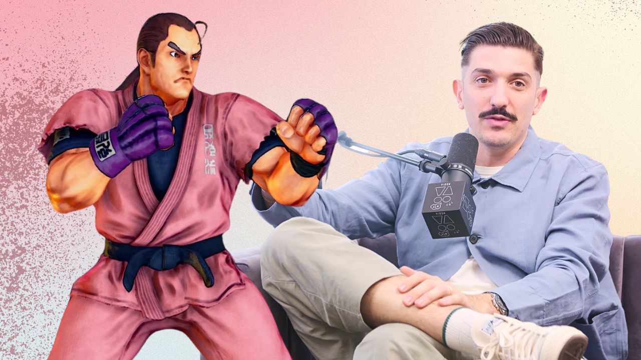 Comedian and podcaster Andrew Schulz shown next to 'Street Fighter' character Dan Hibiki.