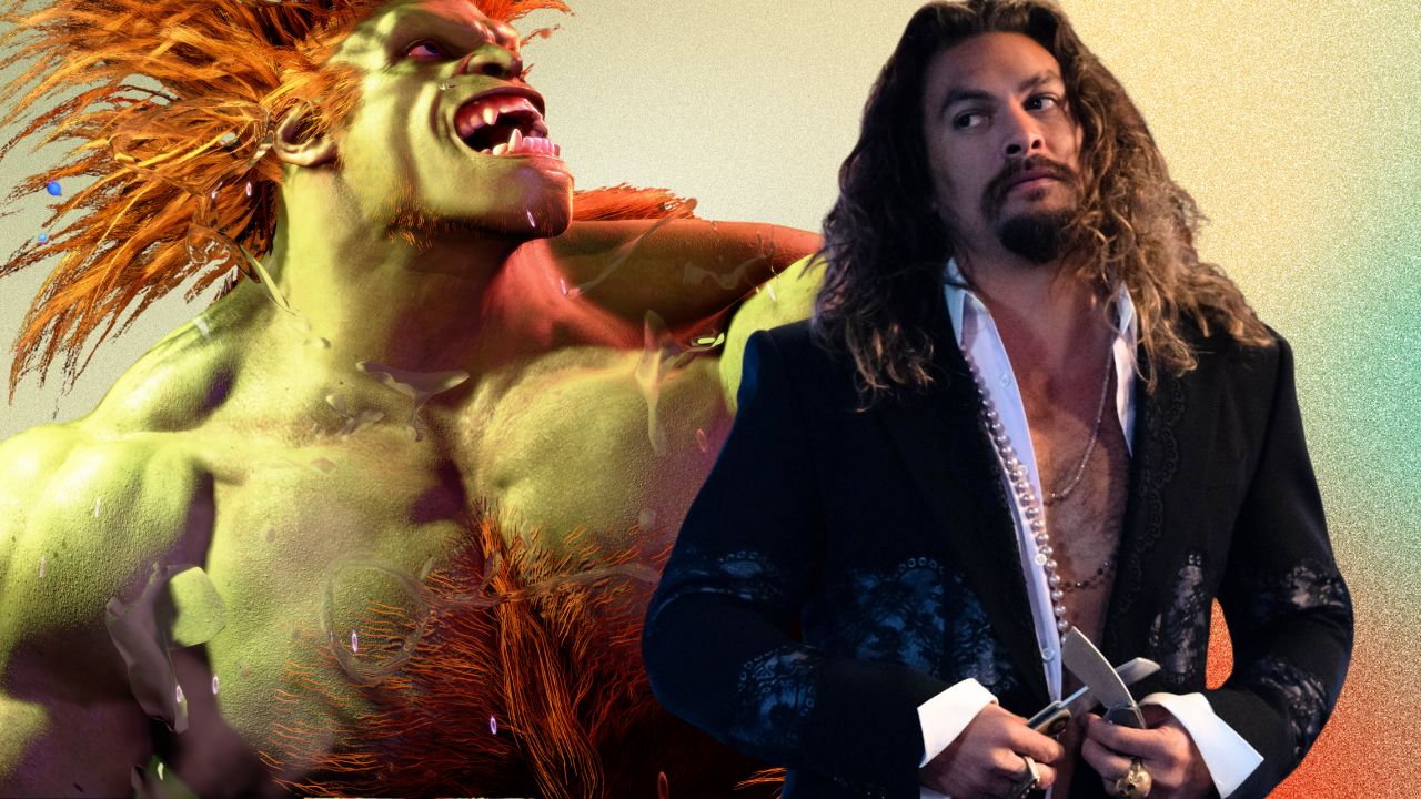 Actor Jason Momoa shown next to 'Street Fighter' character Blanka.