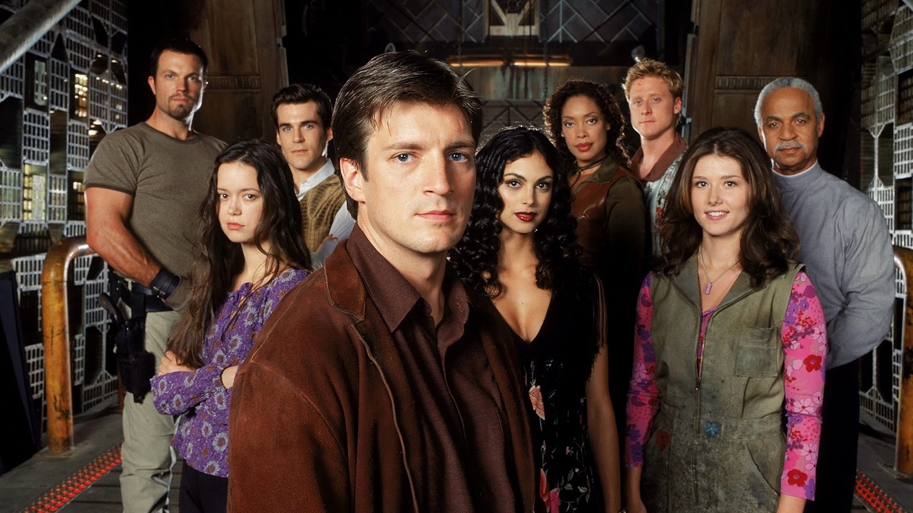 Adam Baldwin, Nathan Fillion, Ron Glass, Sean Maher, Jewel Staite, Gina Torres, Alan Tudyk, Morena Baccarin, and Summer Glau in Firefly (2002)