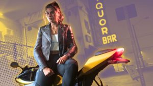 Edited promotional image shows 'GTA VI' protagonist Lucia on sporty yellow bike. | Outrun Gaming