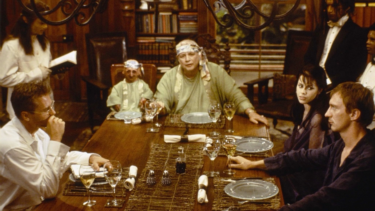 Marlon Brando, Fairuza Balk, Val Kilmer, David Thewlis, Nelson de la Rosa, and Temuera Morrison in The Island of Dr. Moreau (1996)
