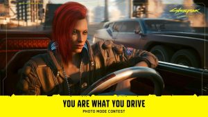 Promo art for 'Cyberpunk 2077' in-game photo contest. Game protagonist V shown sitting in driver's seat, smirking.