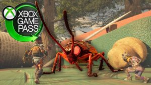 Xbox Game Pass logo shown foreground-left. In background, in-game screenshot from 'Grounded 2' | Outrun Gaming