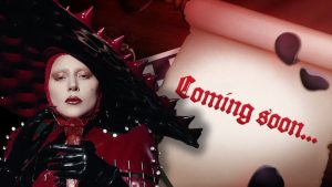 Lady Gaga as seen in her 'Abracadabra' music video / 'Dress to Impress' announcement image shows scroll that reads, "Coming soon..."