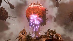 Gameplay image from Larian Studios' 'Baldur's Gate 3' (2023) shows the player and their party approach The Netherbrain