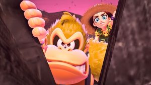 Image of 'Donkey Kong Bananza' showing characters Donkey Kong and Pauline scowling.