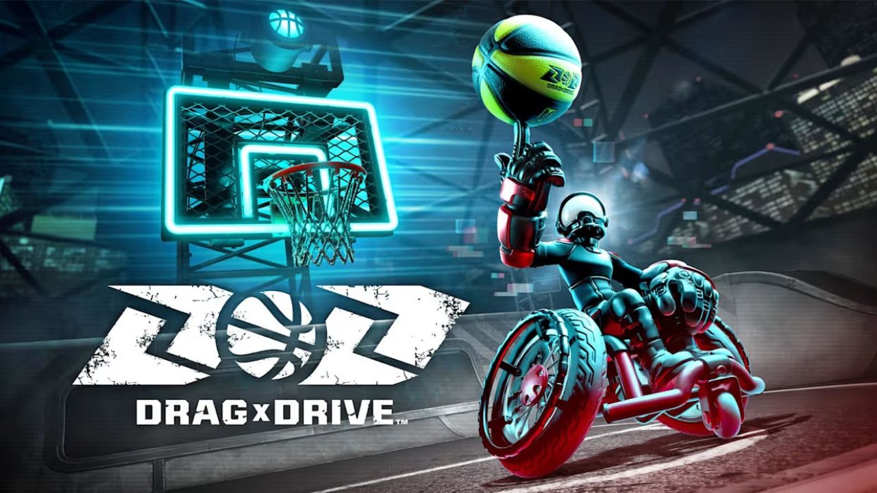 Key art for 'Drag x Drive' shows basketball court in background. In foreground, a masked athlete using wheelchair, spinning basketball on finger