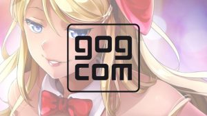 In foreground, GOG.com logo. In background, a smirking blonde seen in 'HuniePop,' a puzzle game included in GOG's FreedomToBuy bundle.