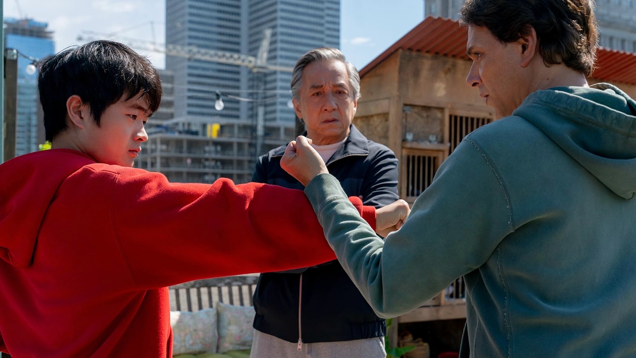 Jackie Chan, Ralph Macchio, and Ben Wang in Karate Kid: Legends (2025)
