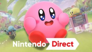 Nintendo Direct logo appears bottom-center, an elated Kirby smiling behind the logo. In the background, a shot of 'Kirby Air Riders' gameplay from the game's announcement trailer