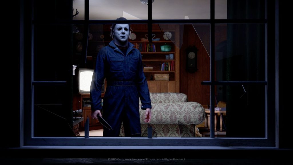 A masked, knife-wielding Michael Myers stares menacingly through a broken living room window (Illfonic's 'Halloween,' 2026)