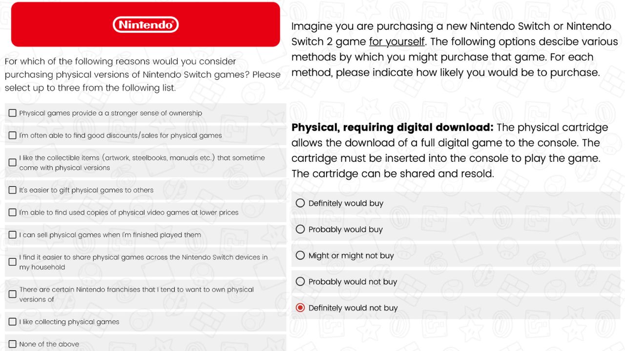 Two side-by-side screenshots from Nintendo's newest Game-Key Card survey. The first question (shown left) asks players to explain why they would pick physical versions over digital. The second (shown right) asks gamers to indicate their likelihood of purchasing Game-Key Cards.