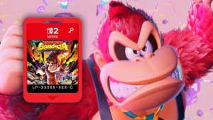 On left, an edited image of a Nintendo Switch 2 cartridge bearing the 'Donkey Kong Bananza' key art. On right, Donkey Kong angrily furrows his brow.