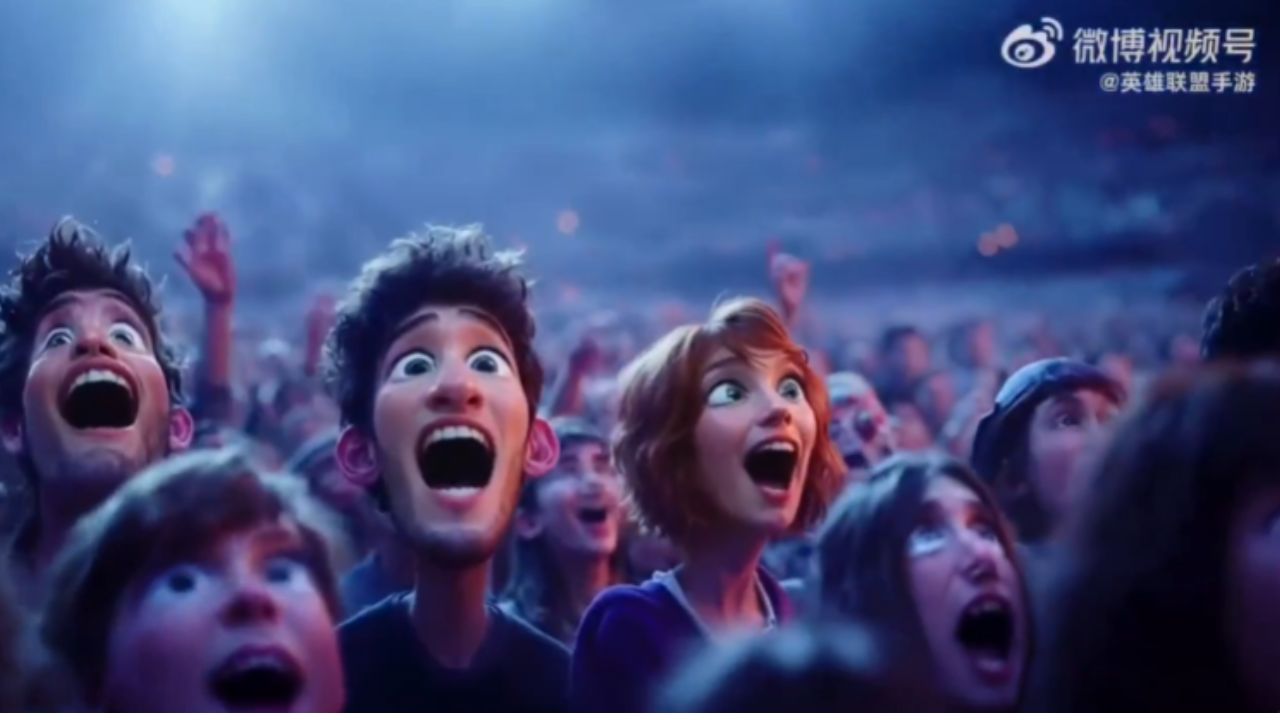 Screenshot from Tencent's AI-generated promo shows audience members with warped and stretched features.