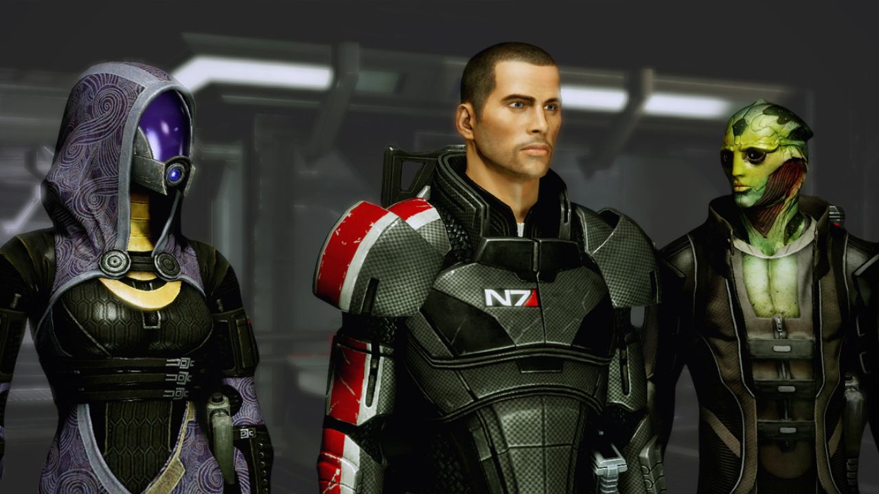 (from L to R): 'Mass Effect 2' characters Tali'Zorah, Commander Shepard, and Thane Krios