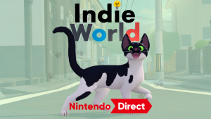 Kitty from “Big Kitty, Little City” smiles at camera in foreground. Indie World and Nintendo Direct logos shown above and below cat, respectively.