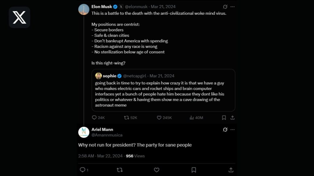 A screenshot from X shows Epic Games' Ariel Mann urging Elon Musk to run for U.S. president
