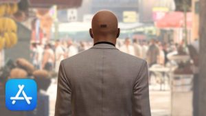 'HITMAN: World of Assassination' promo image with Apple App Store logo shown bottom-left